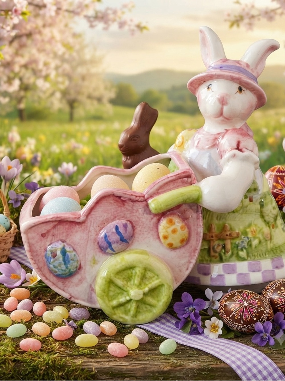 Vintage Easter Planter Bunny Pushing
Wheelbarrow Ceramic Pot Gardening